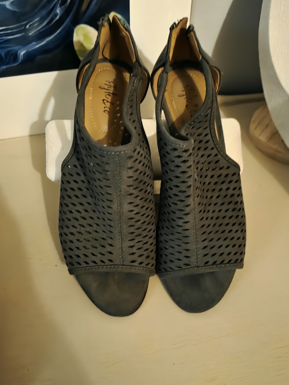 Style & Co. Charcoal Perforated Peep-Toe Mule Heels